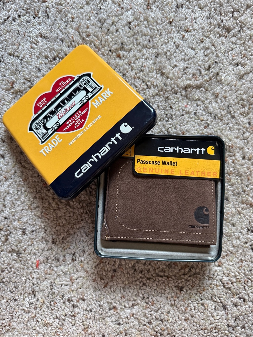 NEW Carhartt Brown Leather Passcase Wallet with Yellow Tin